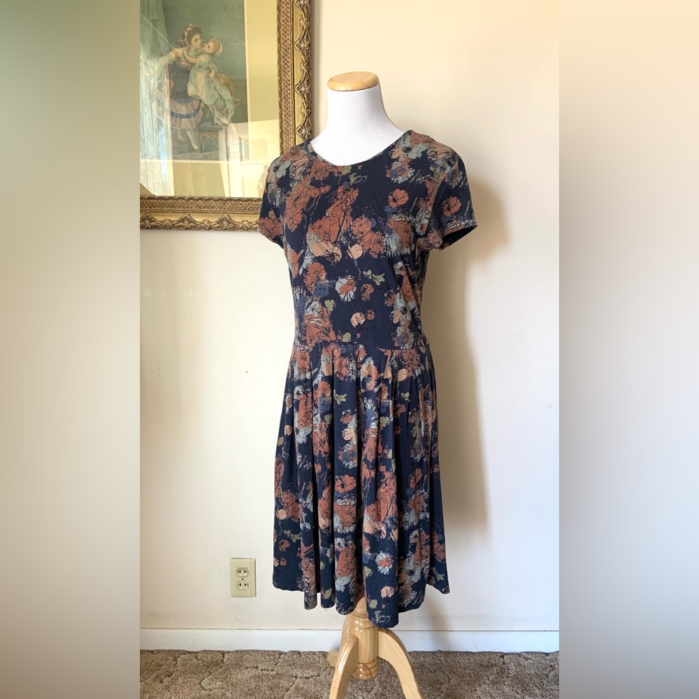 Peruvian Connection Short Sleeve Dress Medium Blue Knee Length Floral Cotton
